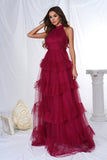 Burgundy A Line Tulle Halter Tiered Long Wedding Guest Dress