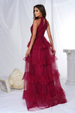 Burgundy A Line Tulle Halter Tiered Long Wedding Guest Dress