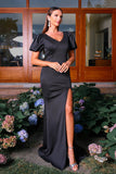 V Neck Short Sleeves Black Sheath Prom Dress with Slit