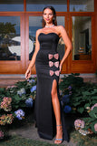 Black Strapless Sheath Satin Bow Prom Dress with Slit