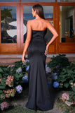 Black Strapless Sheath Satin Bow Prom Dress with Slit