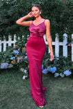 Burgundy Mermaid Spaghetti Straps Ruched Long Formal Dress