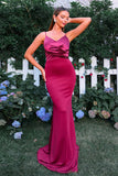 Burgundy Mermaid Spaghetti Straps Ruched Long Formal Dress