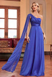 Royal Blue One Shoulder with Streamer A Line Ruched Long Bridesmaid Dress