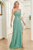 A Line Spaghetti Straps Sequin Mint Long Bridesmaid Dress with Slit