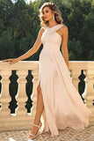 Black Criss Cross Straps A Line Long Bridesmaid Dress with Slit