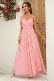 Blush Removable Straps A Line Pleated Bridesmaid Dress with Slit