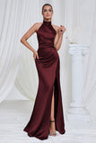 Mermaid Ruched Halter Pine Satin Bridesmaid Dress with Slit