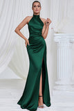 Mermaid Ruched Halter Pine Satin Bridesmaid Dress with Slit