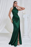 Mermaid Ruched Halter Pine Satin Bridesmaid Dress with Slit