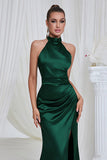 Mermaid Ruched Halter Pine Satin Bridesmaid Dress with Slit