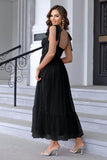 A Line Pleated Bow Spaghetti Straps Black Long Bridesmaid Dress