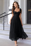 A Line Pleated Bow Spaghetti Straps Black Long Bridesmaid Dress