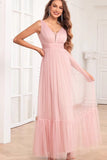 Spaghetti Straps Blush Pink Ruffles A Line Long Bridesmaid Dress