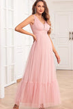 Spaghetti Straps Blush Pink Ruffles A Line Long Bridesmaid Dress