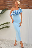 Sky Blue One Shoulder Ruffles Mermaid Long Bridesmaid Dress