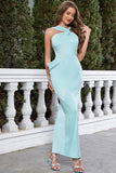 Mermaid Criss Cross Straps Sky Blue Satin Bridesmaid Dress with Slit