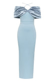 Mermaid Light Blue Off The Shoulder Ruched Satin Long Bridesmaid Dress