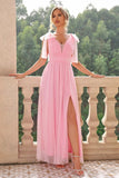 A Line Blush Pink Spaghetti Straps Pleated Bridesmaid Dress with Slit