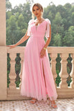 A Line Blush Pink Spaghetti Straps Pleated Bridesmaid Dress with Slit