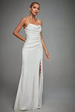 Lvory Spaghetti Straps Mermaid Ruched Long Wedding Dress with Slit