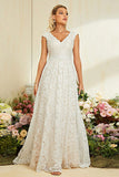 Ivory Apricot Cap Sleeves A Line Lace Long Wedding Dress