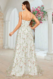 A Line Ivory Flower Spaghetti Straps Embroidery Long Wedding Dress