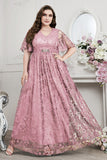 Navy A-Line V-Neck Short Sleeves Long Choir Dress with Lace
