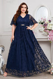 Navy A-Line Lace V-Neck Short Sleeves Long Mother of the Bride Dress