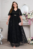 Navy A-Line V-Neck Short Sleeves Long Choir Dress with Lace