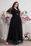 Navy A-Line V-Neck Short Sleeves Long Choir Dress with Lace