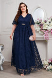 Navy A-Line V-Neck Short Sleeves Long Choir Dress with Lace