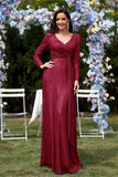 Glitter Royal Blue Beads V Neck Long Sleeves Pleated Sheath Mother of the Bride Dress