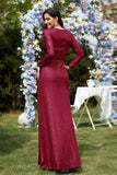 Glitter Royal Blue Beads V Neck Long Sleeves Pleated Sheath Mother of the Bride Dress