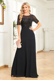 Black Chiffon Half Sleeves Round Neck Appliques A Line Mother of the Bride Dress