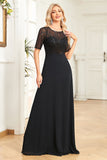 Black Chiffon Half Sleeves Round Neck Appliques A Line Mother of the Bride Dress