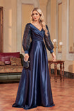 Navy Sequin Long Sleeves A Line Mother Of The Bride Dresse