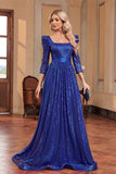 Royal Blue A Line Sequin Square Neck Long Mother Of The Bride Dress