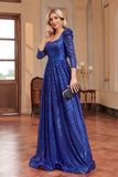 Royal Blue A Line Sequin Square Neck Long Mother Of The Bride Dress