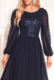 Navy Sequin Long Sleeves A Line Tulle Long Mother Of The Bride Dresse