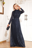 Sparkly Navy A Line Mother of Bride Dress with Long Sleeves