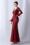 Sparkly Mermaid Burgundy Feathered Mother of Bride Dress with Long Sleeves