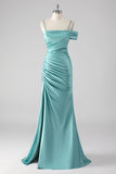 Blue Sheath Pleated Spaghetti Straps Long Formal Dress