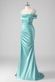 Blue Sheath Pleated Spaghetti Straps Long Prom Dress