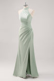 Sage Green Halter Sheath Bridesmaid Dress with Slit