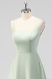 Sage Green A-Line Square Neck Satin Midi Bridesmaid Dress