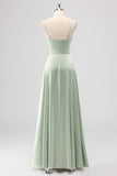 Sage Green A-Line Satin Spaghetti Straps Long Bridesmaid Dress