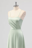 Sage Green A-Line Satin Spaghetti Straps Long Bridesmaid Dress