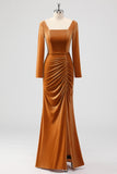 Brown Sheath Square Neck Velvet Long Sleeves Long Bridesmaid Dress