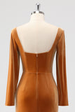 Brown Sheath Square Neck Velvet Long Sleeves Long Bridesmaid Dress